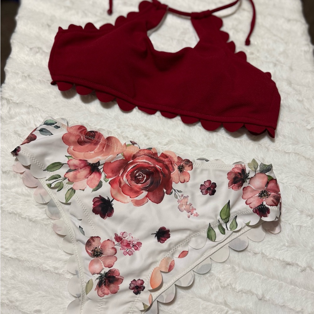 Elegant Scalloped Bikini Set in Red and Floral